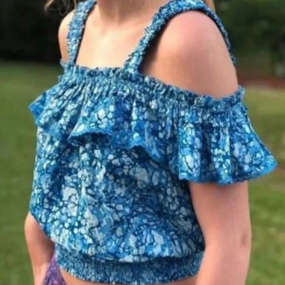 House of Harlow 1960 Revolve brand Martine blue print crop off shoulder top Sz S - Picture 1 of 11
